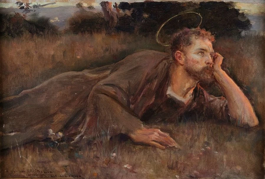 Santo in meditazione sdraiato sull'erba